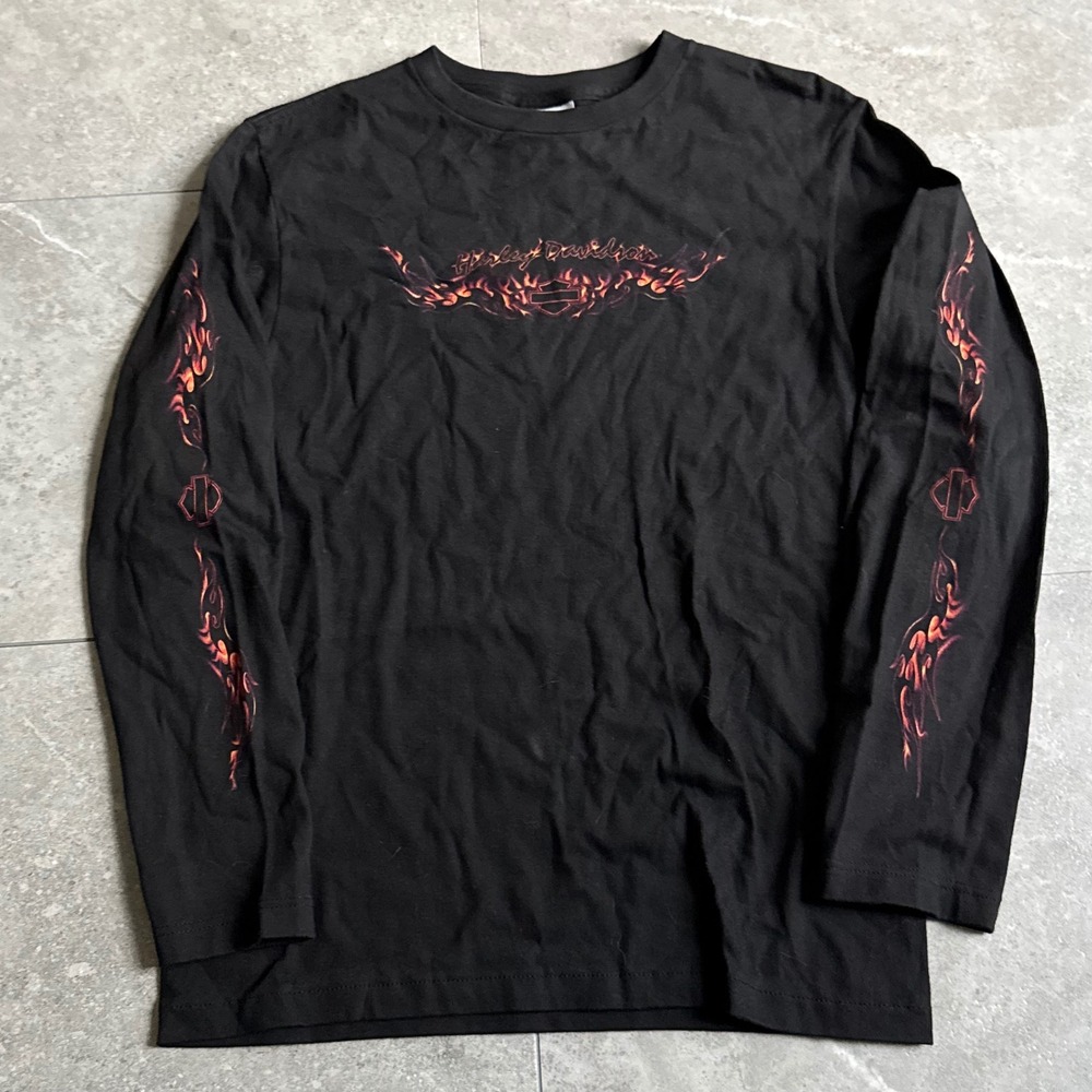 Vintage Y2K Harley Davidson Long Sleeve Flame Sleeve Shirt Size S